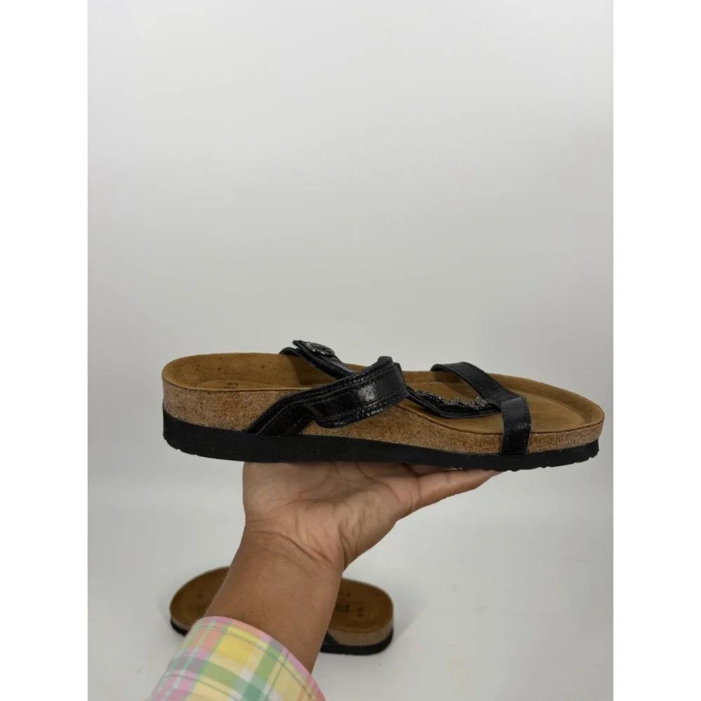 Naot Malibu Black Sandals Size 40 / 9 Leather Rhinestone T-Strap Slide Cork